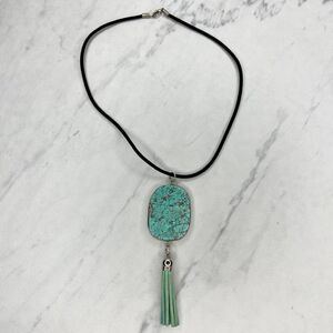 Silver Tone Black Cord Faux Turquoise Tassel Pendant Necklace